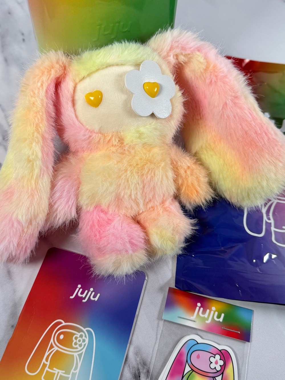 JuJu Rainbow Plush Bunny - Pink, Yellow, Orange.